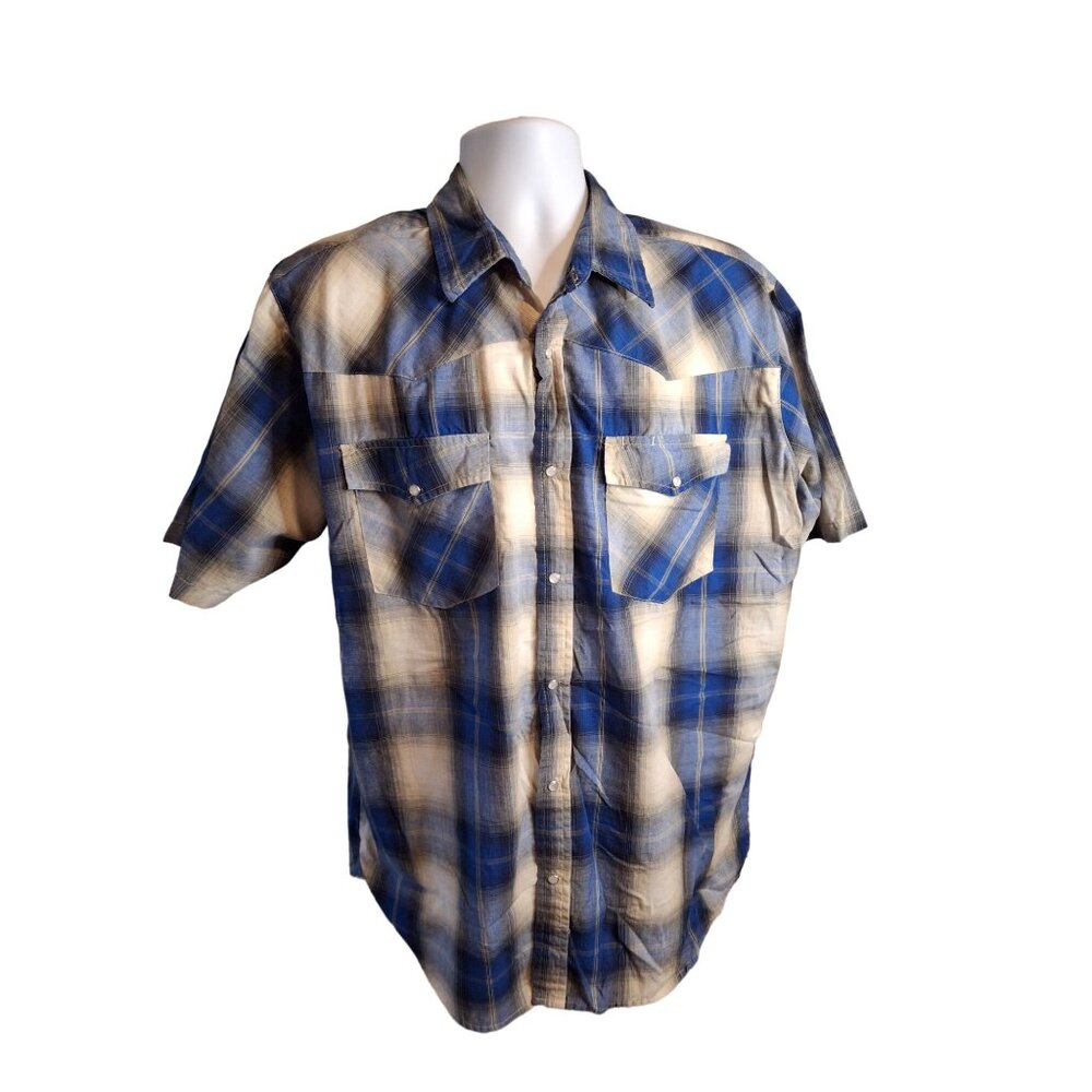 Canyon Guide Outfitters Plaid Short Sleeve Western Shirt Mens XL Blue Pearl Snap